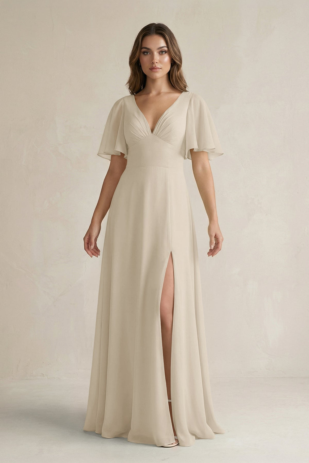 Flutter Sleeve V-Neck A-Line Chiffon Bridesmaid Dress in Champagne