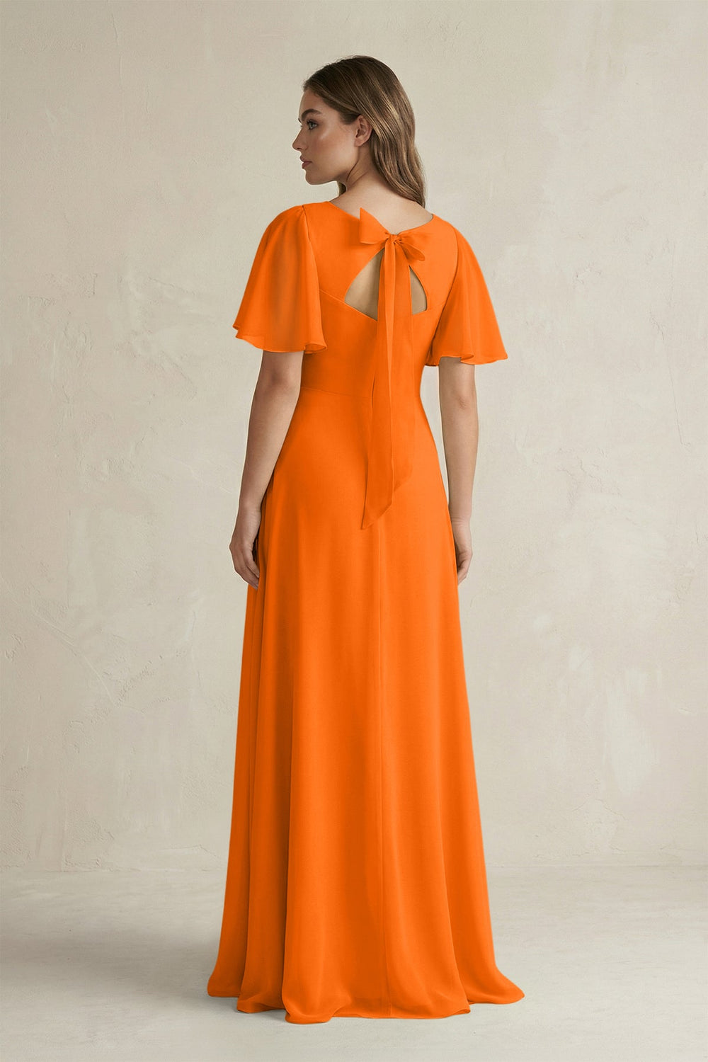 Flutter Sleeve V-Neck A-Line Chiffon Bridesmaid Dress in Cinnamon