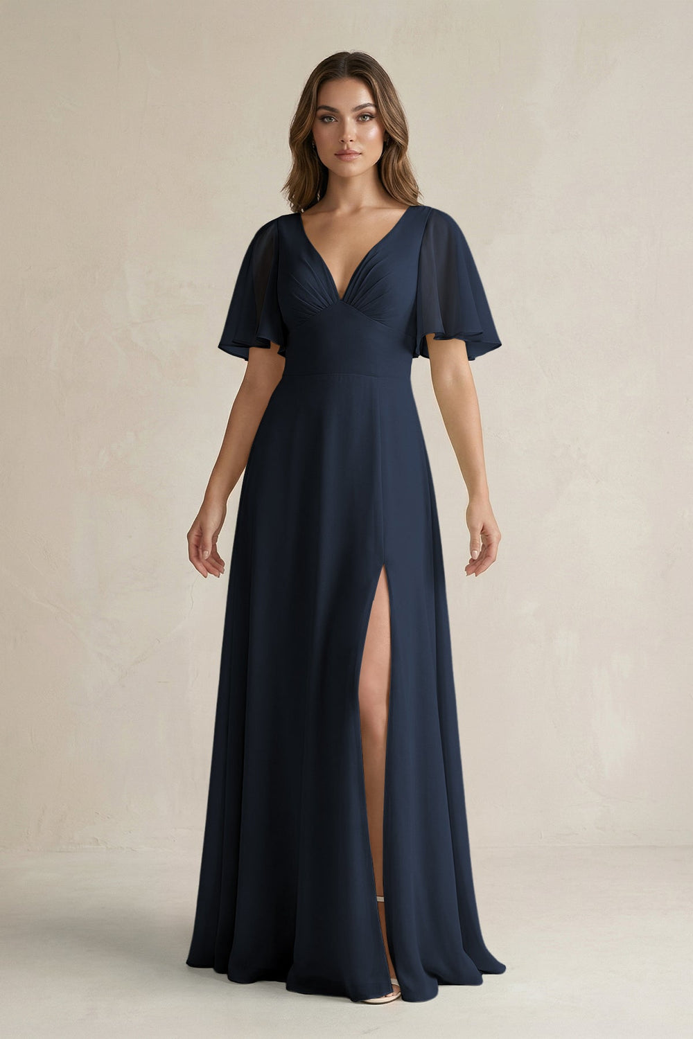 Flutter Sleeve V-Neck A-Line Chiffon Bridesmaid Dress in Dark Navy