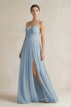 A-Line Spaghetti Strap Chiffon Bridesmaid Dress in Dusty Blue - SHE IS ME BRIDESMAID DRESSES