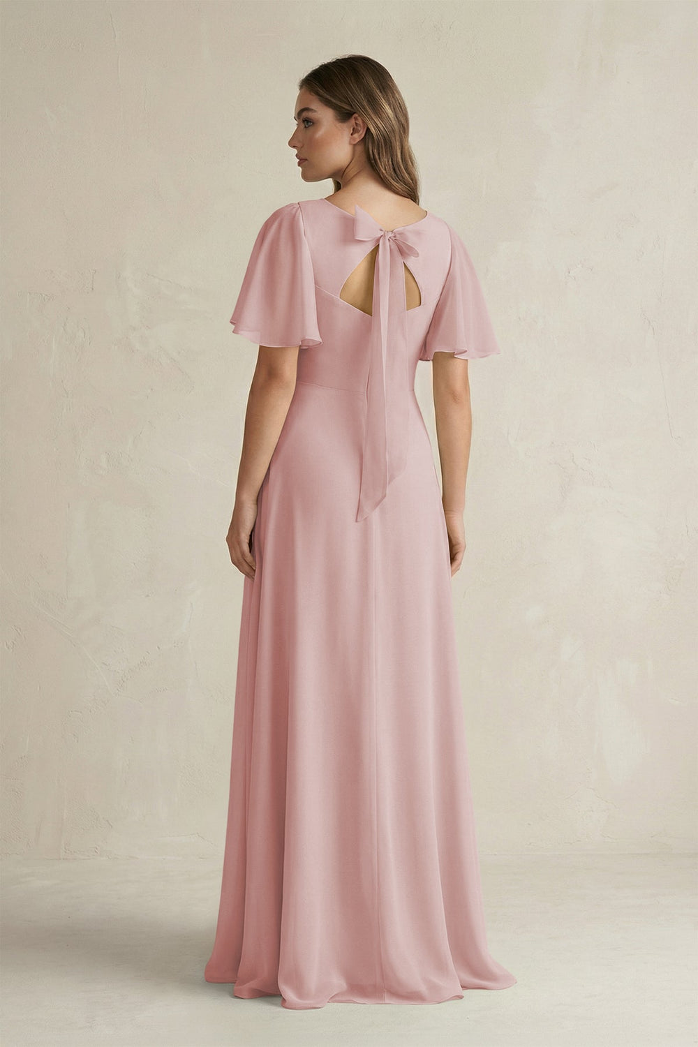 Flutter Sleeve V-Neck A-Line Chiffon Bridesmaid Dress in Dusty Rose