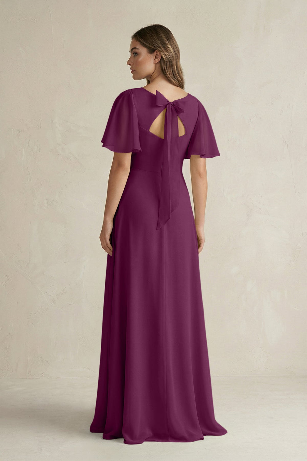 Flutter Sleeve V-Neck A-Line Chiffon Bridesmaid Dress in Fig
