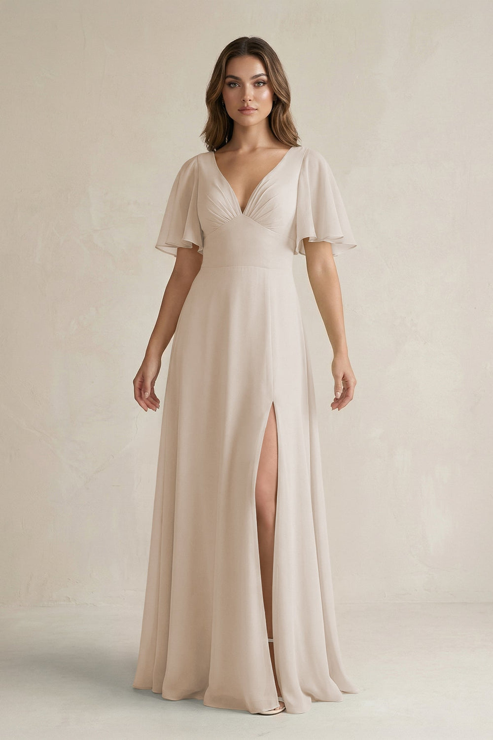 Flutter Sleeve V-Neck A-Line Chiffon Bridesmaid Dress in Frost