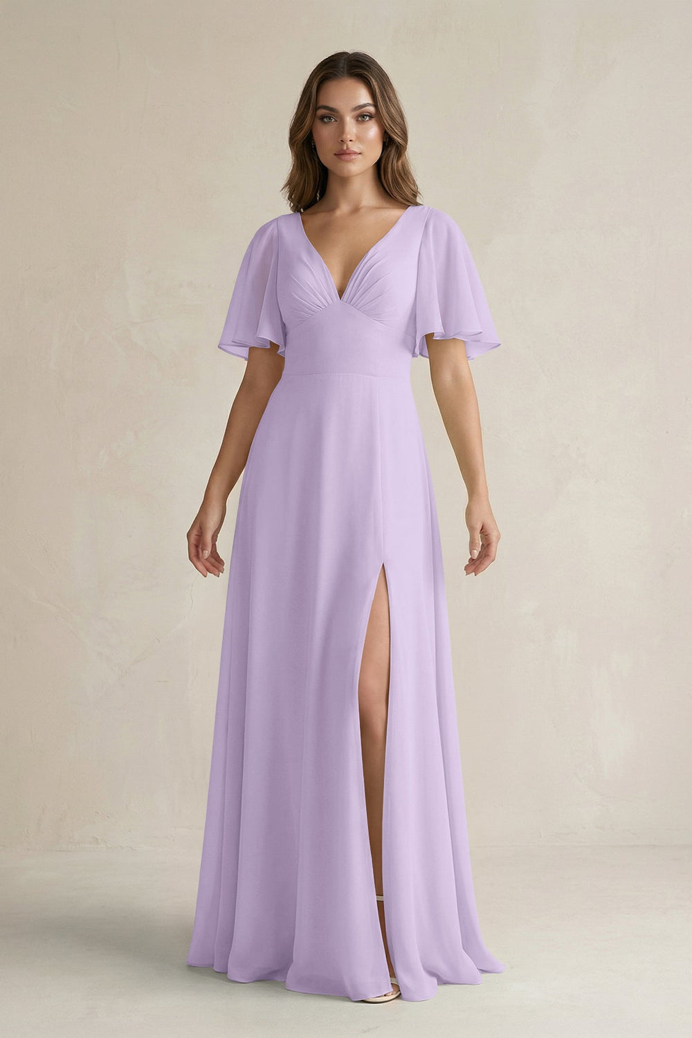 Flutter Sleeve V-Neck A-Line Chiffon Bridesmaid Dress in Lavender