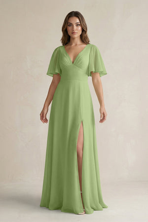 Flutter Sleeve V-Neck A-Line Chiffon Bridesmaid Dress in Matcha