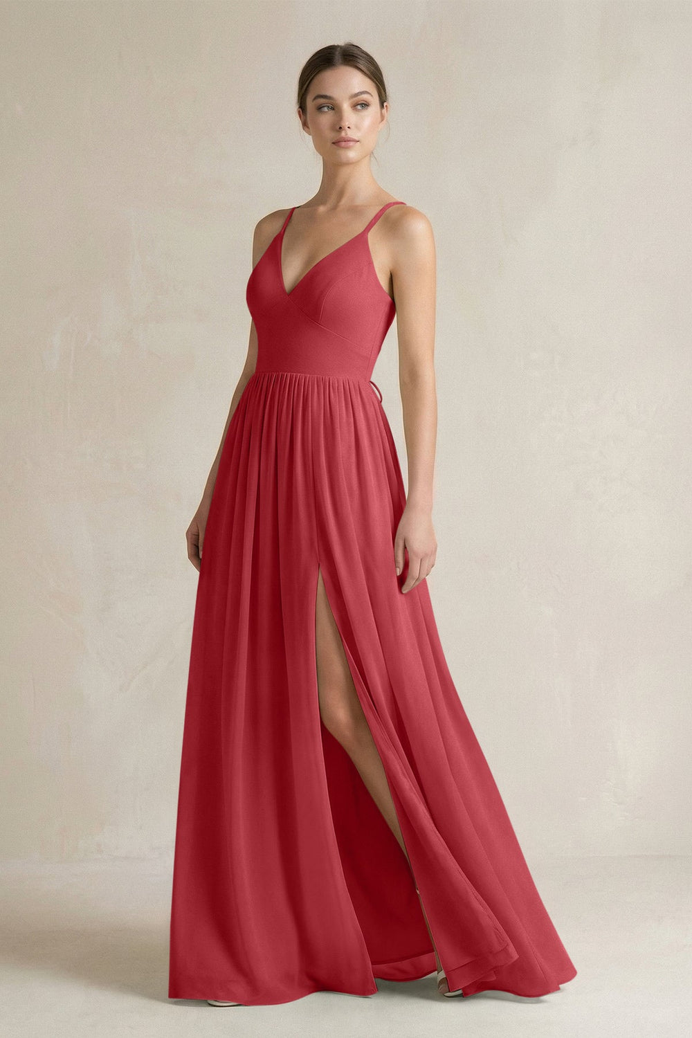 A-Line Spaghetti Strap Chiffon Bridesmaid Dress in Merlot - SHE IS ME BRIDESMAID DRESSES