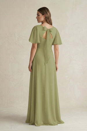 Flutter Sleeve V-Neck A-Line Chiffon Bridesmaid Dress in Moss Green