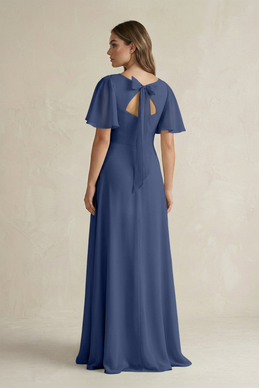 Flutter Sleeve V-Neck A-Line Chiffon Bridesmaid Dress in Navy