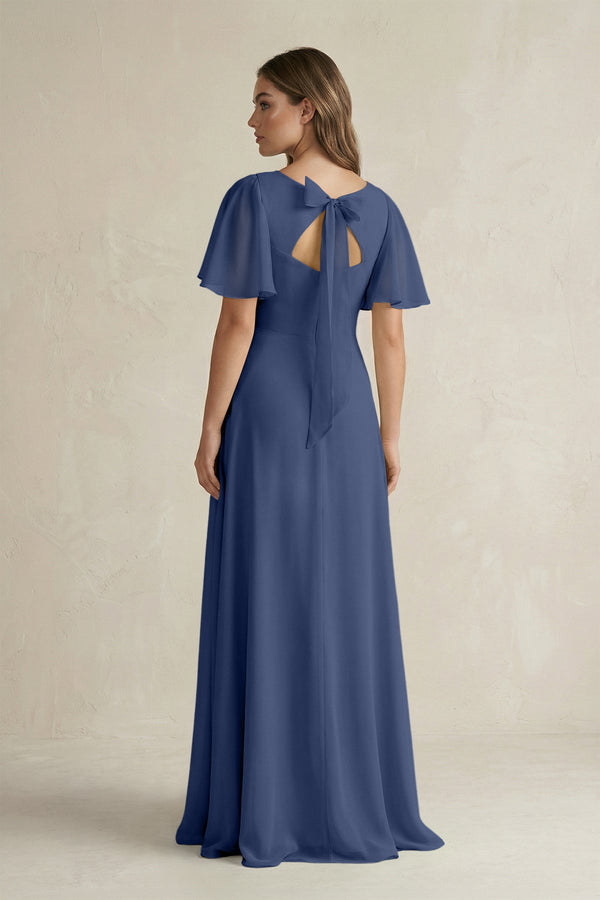 Flutter Sleeve V-Neck A-Line Chiffon Bridesmaid Dress in Navy