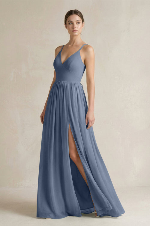 A-Line Spaghetti Strap Chiffon Bridesmaid Dress in Neptune - SHE IS ME BRIDESMAID DRESSES