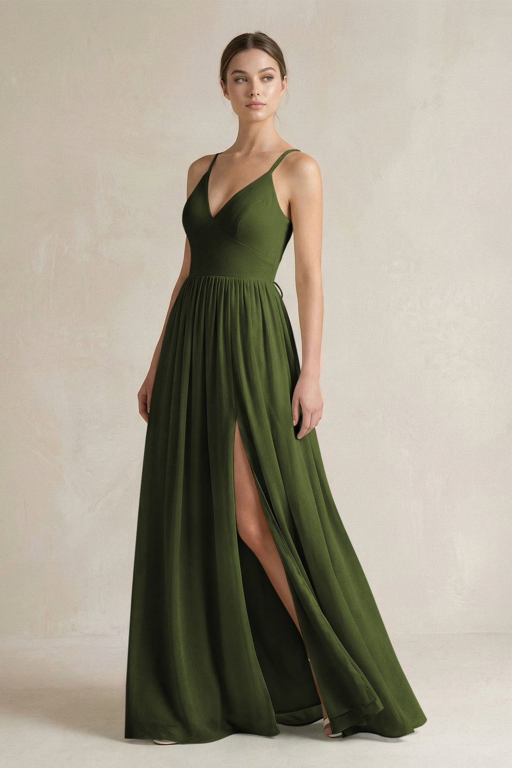A-Line Spaghetti Strap Chiffon Bridesmaid Dress in Olive - SHE IS ME BRIDESMAID DRESSES