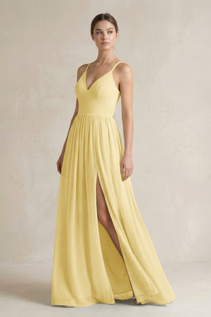 A-Line Spaghetti Strap Chiffon Bridesmaid Dress in Pastel Yellow - SHE IS ME BRIDESMAID DRESSES