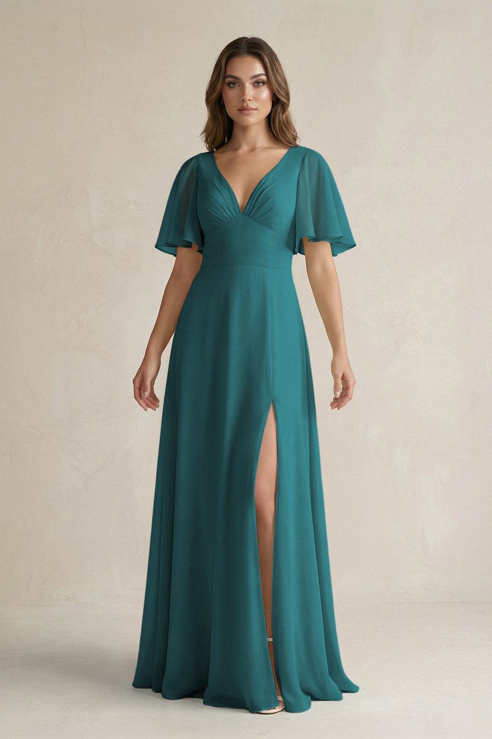 Flutter Sleeve V-Neck A-Line Chiffon Bridesmaid Dress in Pine