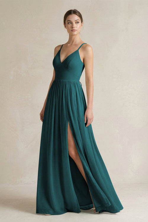 A-Line Spaghetti Strap Chiffon Bridesmaid Dress in Pine - SHE IS ME BRIDESMAID DRESSES