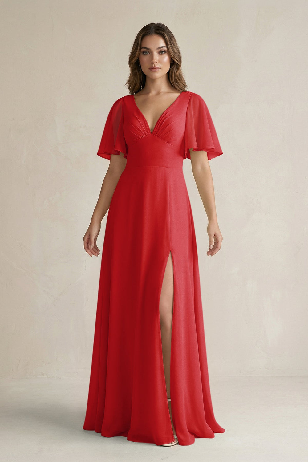 Flutter Sleeve V-Neck A-Line Chiffon Bridesmaid Dress in Ruby Red