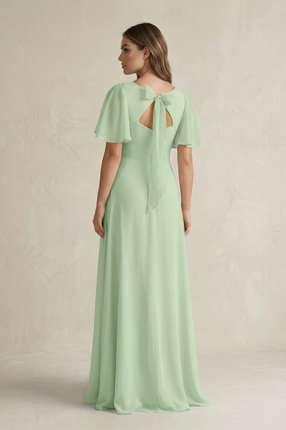 Flutter Sleeve V-Neck A-Line Chiffon Bridesmaid Dress in Sage