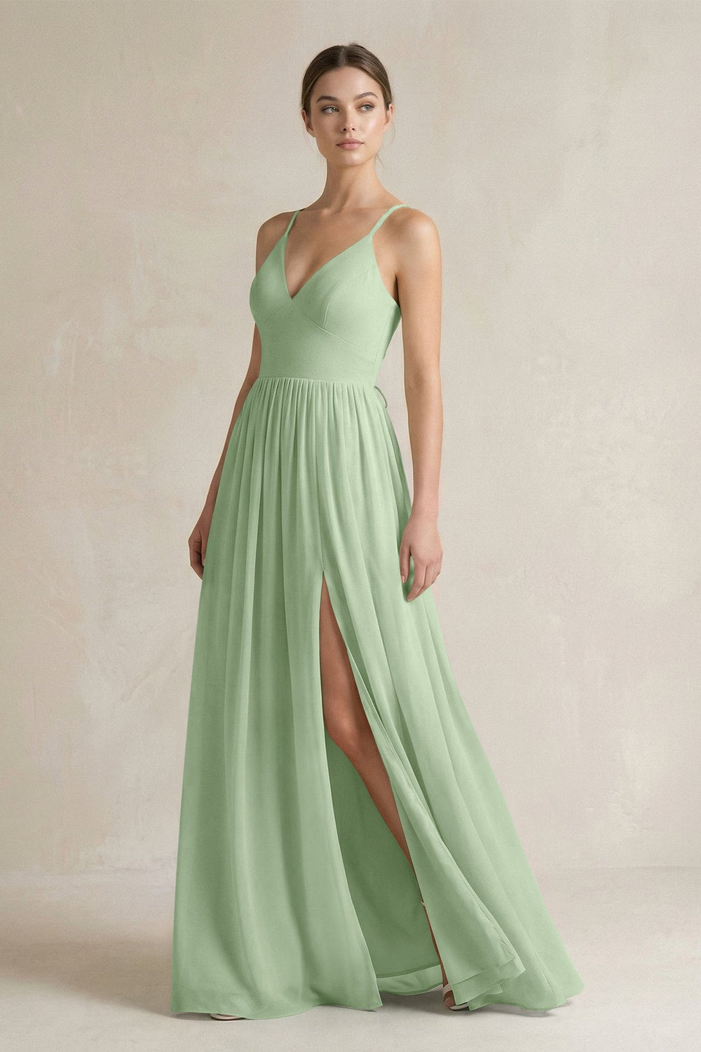 A-Line Spaghetti Strap Chiffon Bridesmaid Dress in Sage - SHE IS ME BRIDESMAID DRESSES