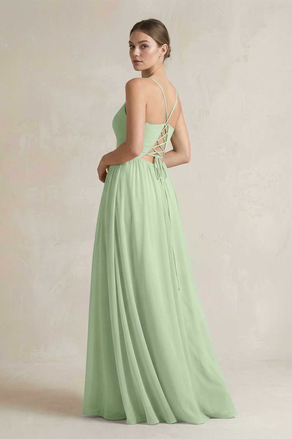 A-Line Spaghetti Strap Chiffon Bridesmaid Dress in Sage - SHE IS ME BRIDESMAID DRESSES