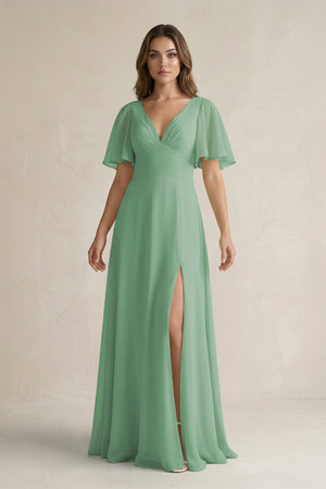 Flutter Sleeve V-Neck A-Line Chiffon Bridesmaid Dress in Sea Glass