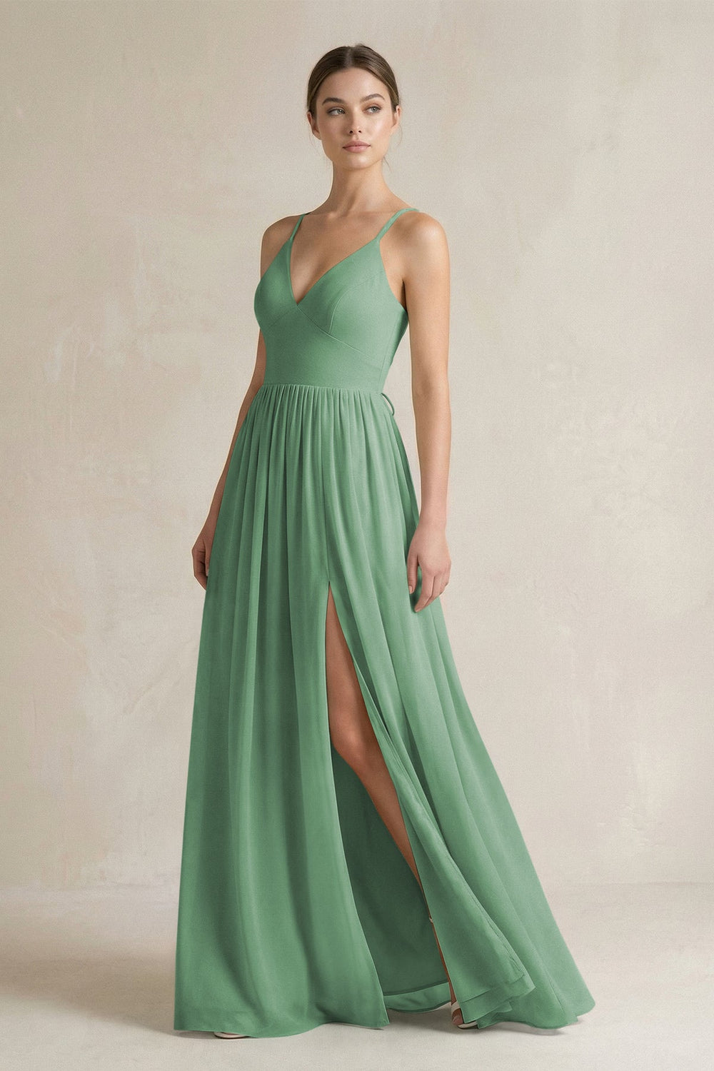 A-Line Spaghetti Strap Chiffon Bridesmaid Dress in Sea Glass - SHE IS ME BRIDESMAID DRESSES