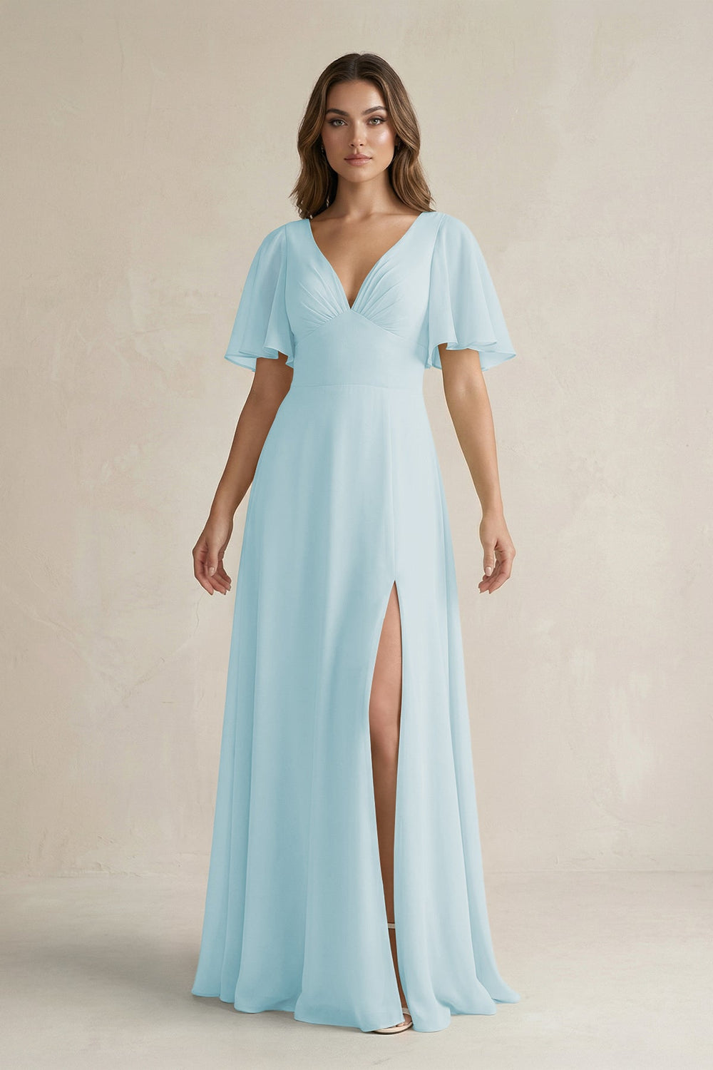 Flutter Sleeve V-Neck A-Line Chiffon Bridesmaid Dress in Sky Blue