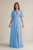 Flutter Sleeve V-Neck A-Line Chiffon Bridesmaid Dress in Steel Blue