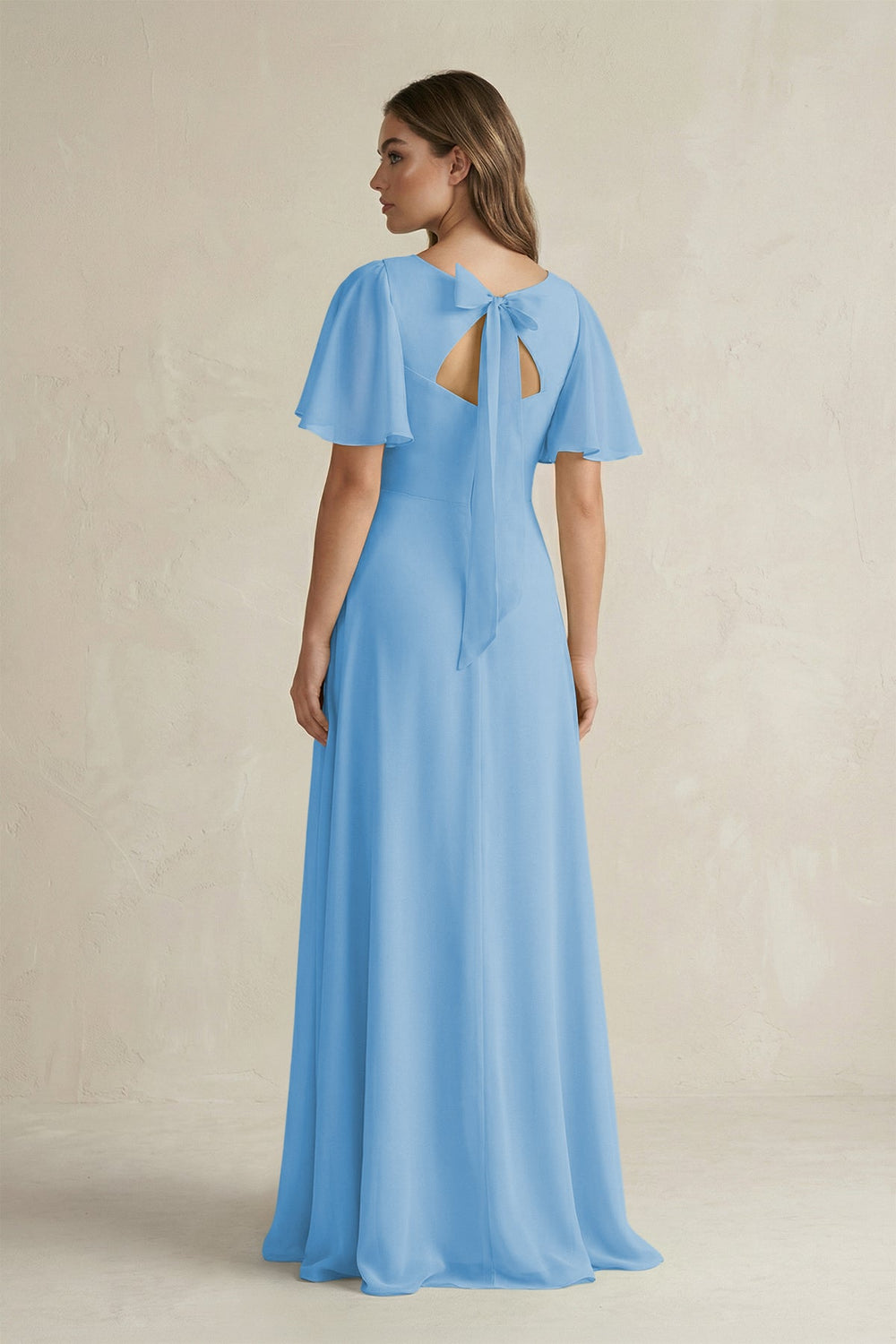 Flutter Sleeve V-Neck A-Line Chiffon Bridesmaid Dress in Steel Blue