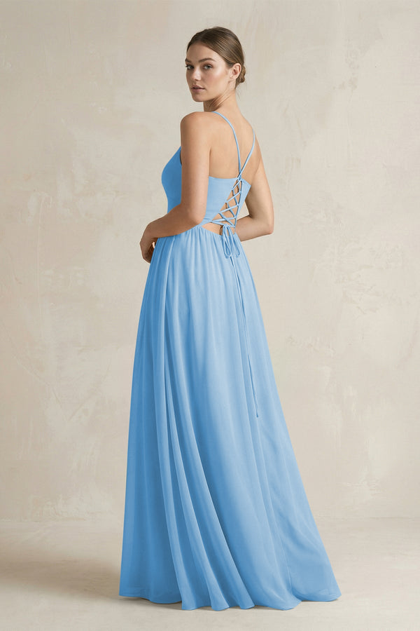 A-Line Spaghetti Strap Chiffon Bridesmaid Dress in Steel Blue - SHE IS ME BRIDESMAID DRESSES