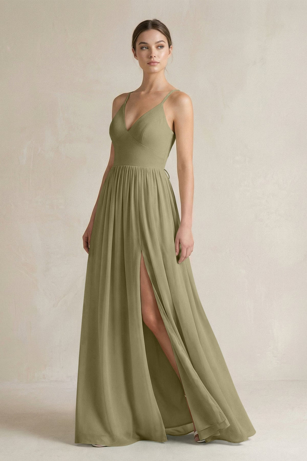 A-Line Spaghetti Strap Chiffon Bridesmaid Dress in Thyme - SHE IS ME BRIDESMAID DRESSES