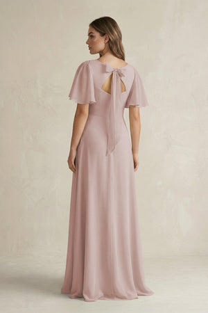Flutter Sleeve V-Neck A-Line Chiffon Bridesmaid Dress in Toffee