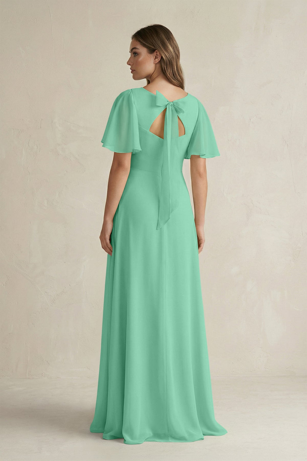 Flutter Sleeve V-Neck A-Line Chiffon Bridesmaid Dress in Turquoise
