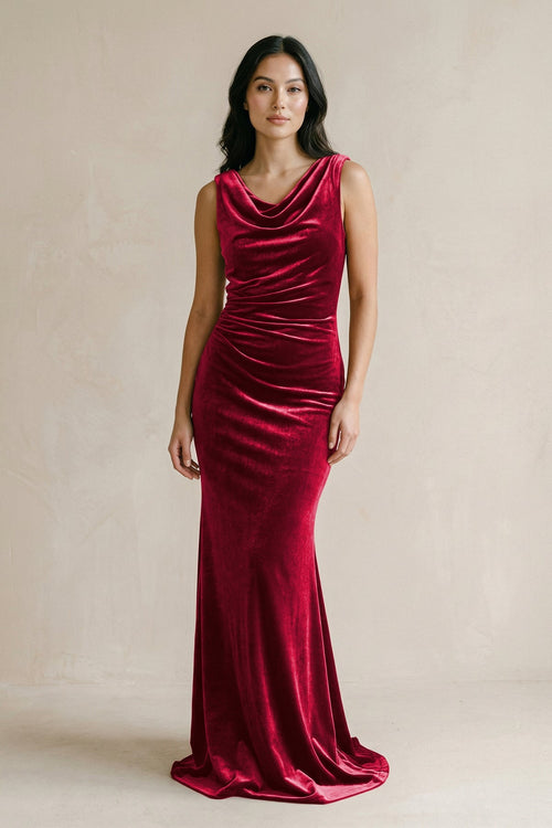 Cowl Neck Mermaid Velvet Bridesmaid Dress in Rosewood - SHE IS ME BRIDESMAID DRESSES