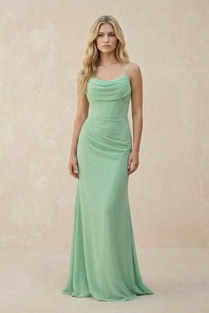 Cowl Neck Sheath Chiffon Bridesmaid Dress with Corset - SHE IS ME Bridesmaid Dresses