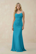 Cowl Neck Sheath Chiffon Bridesmaid Dress with Corset in Blue Jay - SHE IS ME Bridesmaid Dresses