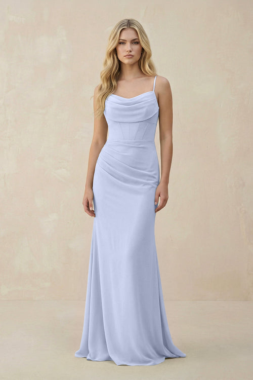 Cowl Neck Sheath Chiffon Bridesmaid Dress with Corset in Ice - SHE IS ME Bridesmaid Dresses
