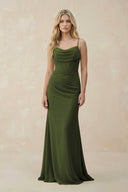 Cowl Neck Sheath Chiffon Bridesmaid Dress with Corset in Olive - SHE IS ME Bridesmaid Dresses