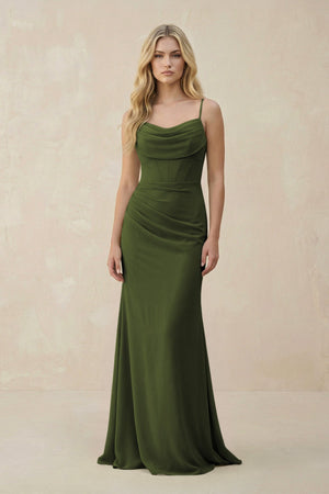 Cowl Neck Sheath Chiffon Bridesmaid Dress with Corset in Olive - SHE IS ME Bridesmaid Dresses