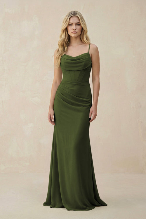 Cowl Neck Sheath Chiffon Bridesmaid Dress with Corset in Olive - SHE IS ME Bridesmaid Dresses