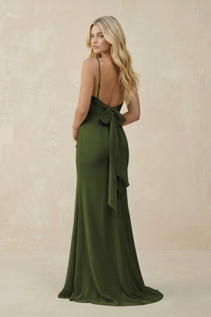 Cowl Neck Sheath Chiffon Bridesmaid Dress with Corset in Olive - SHE IS ME Bridesmaid Dresses