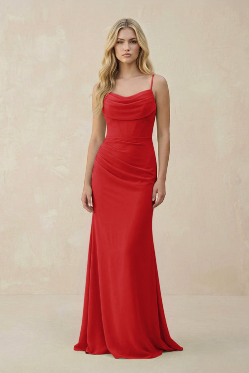 Cowl Neck Sheath Chiffon Bridesmaid Dress with Corset in Ruby Red - SHE IS ME Bridesmaid Dresses