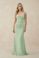 Cowl Neck Sheath Chiffon Bridesmaid Dress with Corset in Sage - SHE IS ME Bridesmaid Dresses