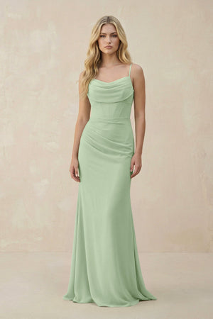 Cowl Neck Sheath Chiffon Bridesmaid Dress with Corset in Sage - SHE IS ME Bridesmaid Dresses