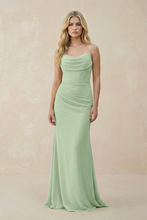 Cowl Neck Sheath Chiffon Bridesmaid Dress with Corset in Sage - SHE IS ME Bridesmaid Dresses
