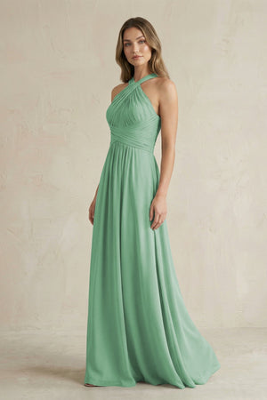 Cross Halter A - Line Pleated Bridesmaid Dress in Sea Glass - SHE IS ME Bridesmaid Dresses