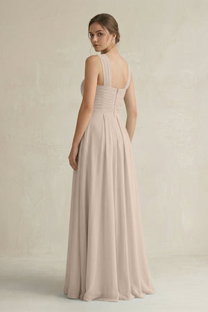 Cross Halter Chiffon A - Line Pleated Bridesmaid Dress in Almond - SHE IS ME Bridesmaid Dresses