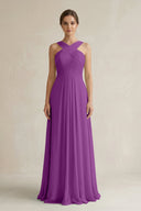 Cross Halter Chiffon A - Line Pleated Bridesmaid Dress in Amethyst - SHE IS ME Bridesmaid Dresses