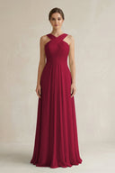 Cross Halter Chiffon A - Line Pleated Bridesmaid Dress in Berry - SHE IS ME Bridesmaid Dresses