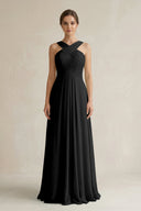 Cross Halter Chiffon A - Line Pleated Bridesmaid Dress in Black - SHE IS ME Bridesmaid Dresses