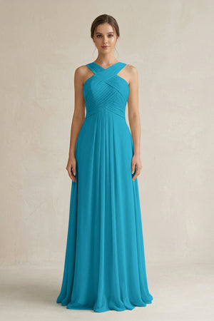 Cross Halter Chiffon A - Line Pleated Bridesmaid Dress in Blue Jay - SHE IS ME Bridesmaid Dresses