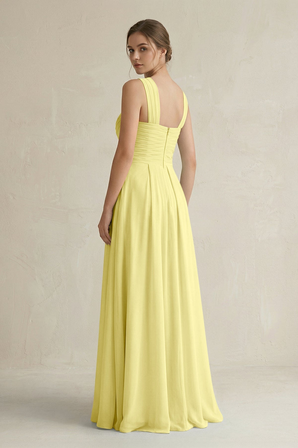 Cross Halter Chiffon A - Line Pleated Bridesmaid Dress in Buttercup - SHE IS ME Bridesmaid Dresses